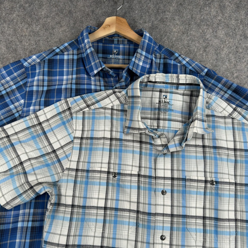 Kuhl Lot Of 2 Shirts Mens Large Blue Gray Plaid Short Sleeve Button Front Casual